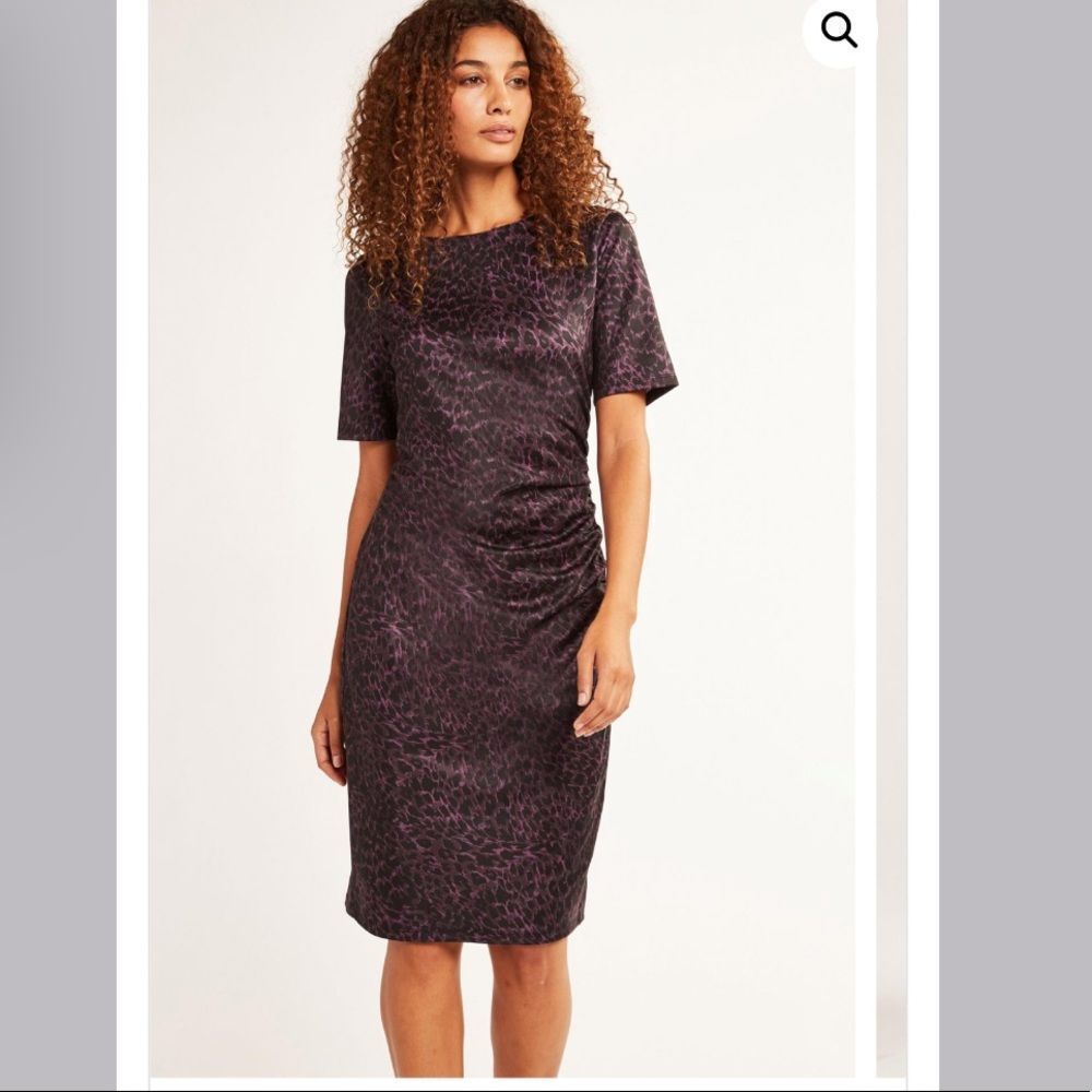 Elie Tahari Raveena Ruched Sheath Dress Aubergine Purple & Black Leopard Print 8 - Picture 12 of 13